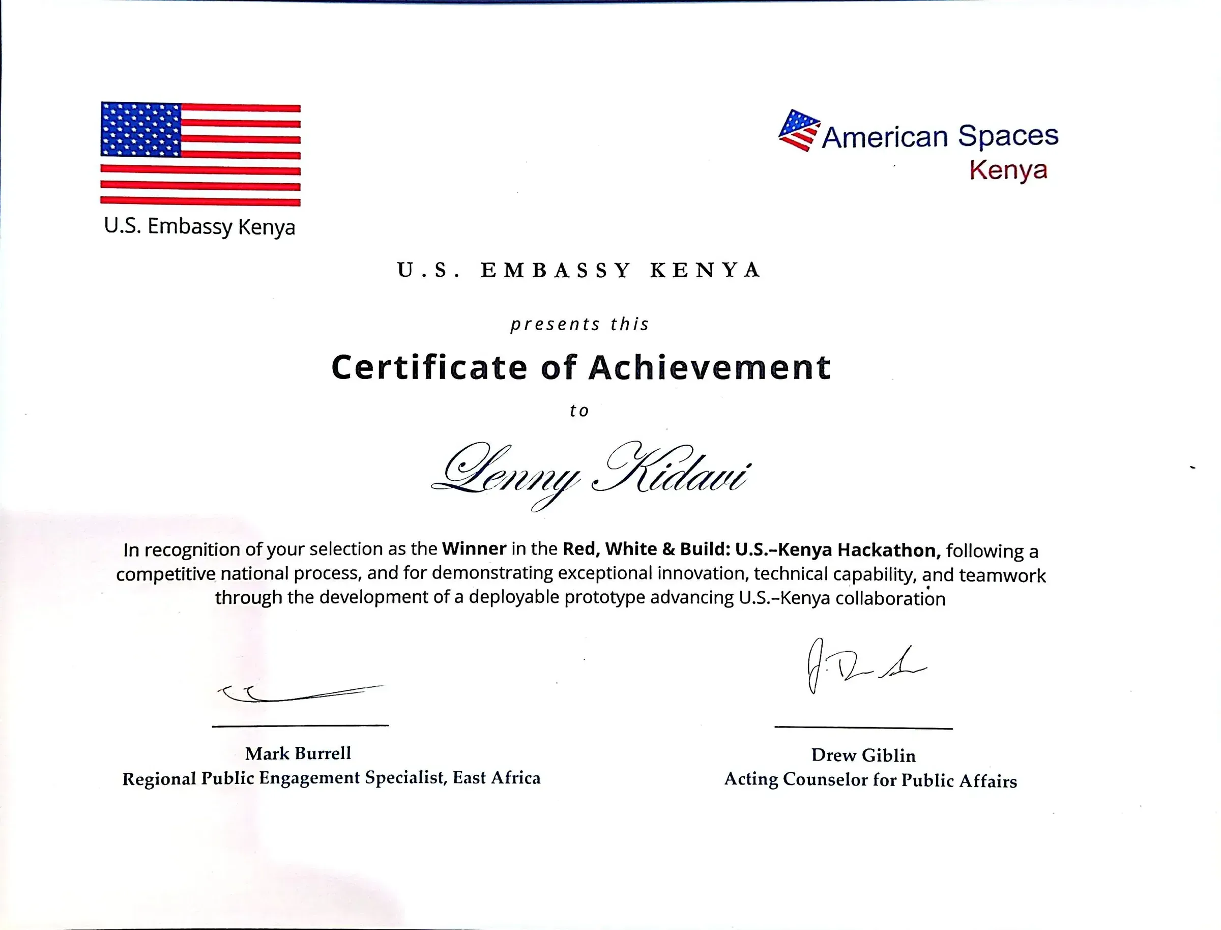 Certificate of Achievement — Red, White & Build Hackathon Winner