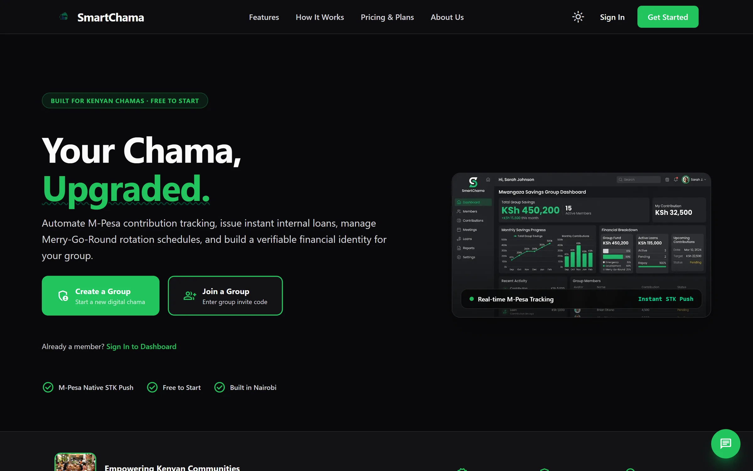 SmartChama landing page and dashboard preview